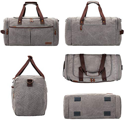 S-ZONE 65L Expandable Canvas Duffle Bag Travel Overnight Holdall Weekend Bag with Shoes Compartment Large Carry On Bag Tote Gym Bag for Men Women, Light Gray, X-Large, Travel Duffle | Water-resistant, X-Large Size, Multi-Pockets, Removable Shoulder Strap,