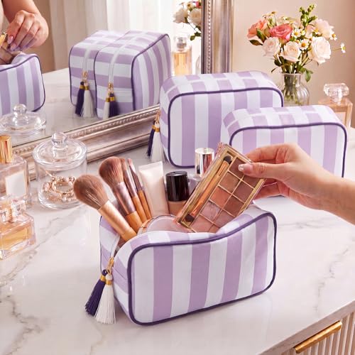 Kacctyen 6 Pack Lavender Purple and White Striped Makeup Bag bulk with Tassel Travel Cosmetic Pouch Organizer Large Zipper Toiletry Case for Women Aesthetic Storage Pouch Mahjong Tile Bag - color: Lavender Purple and White