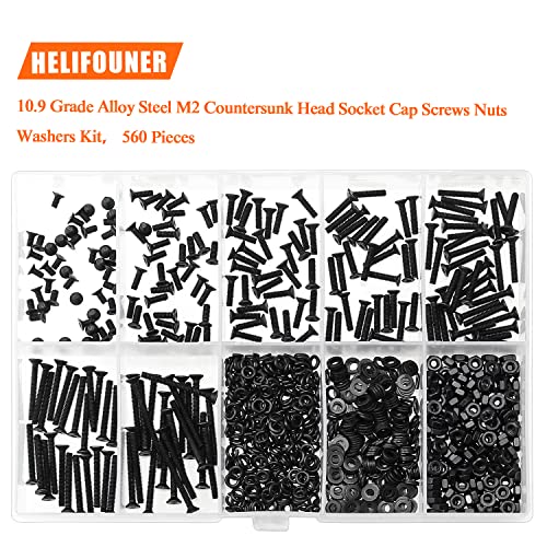 HELIFOUNER 560 Pieces M2 x 4mm /6mm /8mm /10mm /12mm /16mm /20mm, Countersunk Head Socket Cap Screws Bolts Washers Nuts Kit, 10.9 Grade Alloy Steel, Full Threaded, Black - size: M2, style: Countersunk Head
