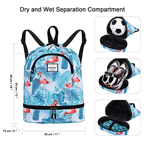 Dry Wet Drawstring Backpack with Shoe Compartment for Women Adjustable Gym Bag - color: Flamingo Blue