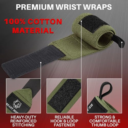 TECEUM Elastic Cotton Weightlifting Wrist Wraps with Thumb Loops, 1 Pair - color: Military Green, style: 12" – Beast Mode