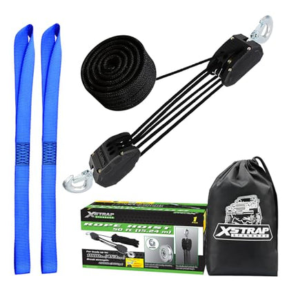 XSTRAP 5:1 Block&Tackle Pulley System Rope Hoist, 50 Ft, 2000 LBS Black | Heavy-Duty 2000 LBS Breaking Strength with 2PK Soft Loops, Pulley Hoist bearing metal wheels for Lifting Heavy Objects - color: Upgraded 50ft Black