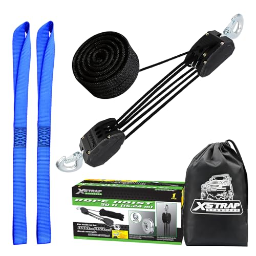 XSTRAP 5:1 Block&Tackle Pulley System Rope Hoist, 50 Ft, 2000 LBS Black | Heavy-Duty 2000 LBS Breaking Strength with 2PK Soft Loops, Pulley Hoist bearing metal wheels for Lifting Heavy Objects - color: Upgraded 50ft Black