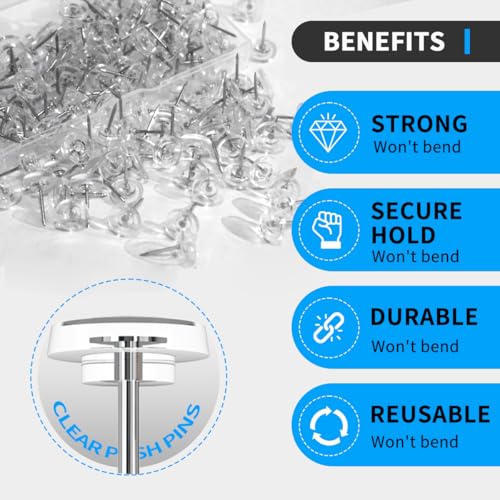 150 PCS Clear Push Pins Tacks Count in Reusable Box for Bulletin Boards and Wall Displays Heavy Duty Plastic Head - color: Clear