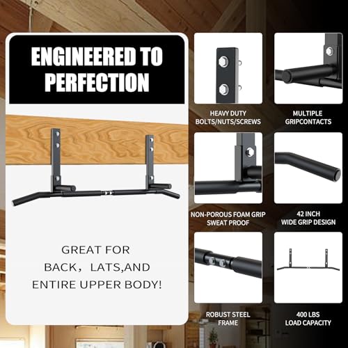 Pull Up Bar, 42"Wide-Grip PullUp Bar Upgrade，Pull Up Bar Suitable for Wooden Beams and Concrete Beams Efficiently Targets More Muscle Groups，Pullup Bar Anti-Slip Grip Treatment，Easy Installation