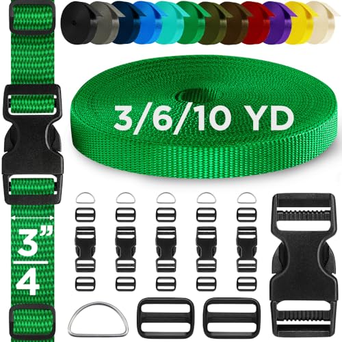 TECEUM 3/4" Nylon Strap Kit with Buckles, Green 6 yards Repair Set | Heavy duty hardware kit: 6yd webbing, 6 quick release buckles, 12 tri-glide slide clips, 6 metal D-rings for crafting. - color: Green, size: 3/4" - 6 yards, style: 6 Buckle - 12 Slides -