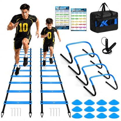 BORNEW 2 Pack Agility Ladder, Soccer Speed Training Equipment Set with Total 26 ft Agility Ladder, 12 Cones, 4 Adjustable Hurdles, Jump Rope, for Soccer, Basketball, Football, Kids, Youth, Adults - color: 2.Blue