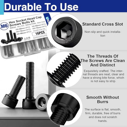 15PCS M6 Hex Socket Head Screws Assortment, 60-80mm | Includes 10mm, 16mm, 20mm, 25mm, 30mm, 35mm, 40mm, 45mm, 50mm, 55mm, 60mm, 65mm, 70mm, 75mm and 80mm lengths, Full thread - style: 15 PCS M6 × 60mm / 65mm / 70mm / 75mm / 80mm Black 304 Stainless Steel