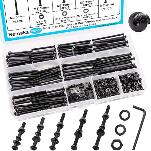 420PCS Black M3 Button Head Hex Socket Cap Screws, M3 x 30/35/40/45/50mm Metric Screws Bolts Nuts Washers Assortment Kit, 10.9 Grade Alloy Steel - size: M3 x 30/35/40/45/50mm, style: Button Head
