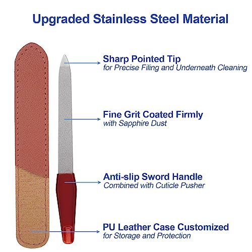 3 Pack Metal Nail File with Sharp Pointed Tip and Leather Sheath Case for Natural Nails, 5 Inches Fingernail Files Stainless Steel Manicure Double Sided Sapphire Grit Nail Filer Silver Brown