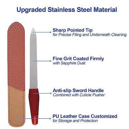 3 Pack Metal Nail File with Sharp Pointed Tip and Leather Sheath Case for Natural Nails, 5 Inches Fingernail Files Stainless Steel Manicure Double Sided Sapphire Grit Nail Filer Silver Brown