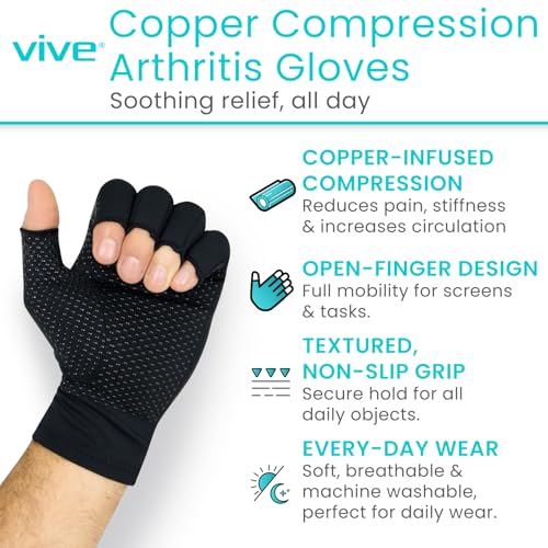 Vive Copper Infused Fingerless Arthritis Compression Gloves (Pair) - Relief for Men, Women, Rheumatoid, Swelling, Carpal Tunnel, Tendonitis, Edema, Hand & Finger Pain - Comfortable Non-Slip (X Large) | For Men, Women, Rheumatoid, Swelling, Carpal Tunnel,