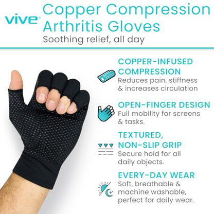 Vive Copper Infused Fingerless Arthritis Compression Gloves (Pair) - Relief for Men, Women, Rheumatoid, Swelling, Carpal Tunnel, Tendonitis, Edema, Hand & Finger Pain - Comfortable Non-Slip (X Large) | For Men, Women, Rheumatoid, Swelling, Carpal Tunnel,