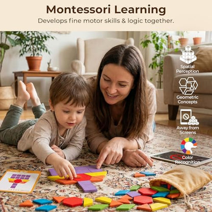 LovesTown 209 PCS Shapes Wooden Pattern Blocks for Kids, Geometric with Activity Cards and Storage Bag, Educational Tangram Puzzles,Great Learning Gift from Parents or Teachers - size: 230