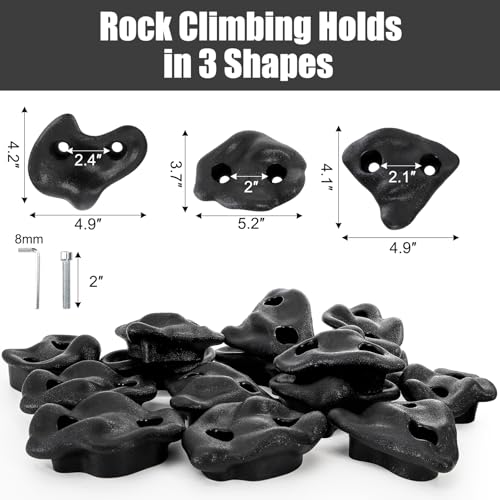 ZENFUN 18 Pc Rock Climbing Holds, Indoor & Outdoor Rocks Wall Climbing Kit, Black Rock Climb Holds Playground Play Set, Multi-Shape Climbing Rock Wall Grips with Mounting Hardware