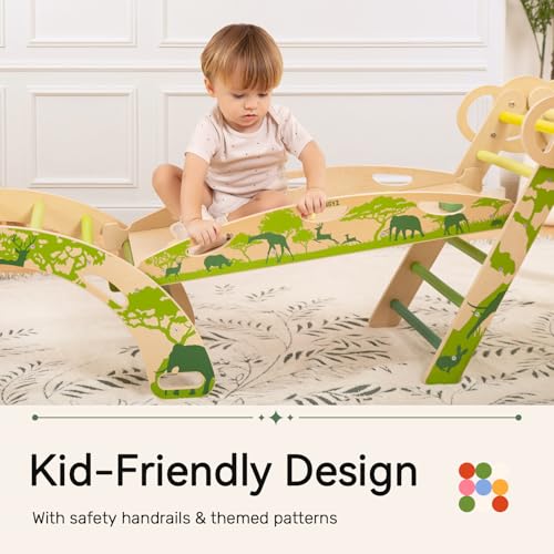 WINGYZ Pikler Triangle Set, Montessori 8-in-1 Foldable Climbing Set | Reversible Animal Slide, Patent-Protected Jungle Gym, Safe 2.35in Gap, ASTM F963 Standards for Toddlers 18M-5Y, Green - color: Green