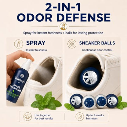 Shoe Deodorizer Spray & Odor Eliminator Kit - Shoe Spray for Smelly Shoes, Feet & Gym Bags | Peppermint Scent | Odor Removal & Shoe Cleaning Solution | 4 fl oz Spray + 2 Pairs of Deodorizer Balls