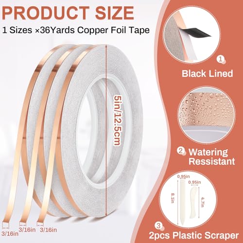 Innconee 5 Pcs Black Backed Copper Foil Stained Glass Black Lined Foil Copper 3 Sizes for Stained Glass Set Supplies Craft Hand Tools (3/16inchx108ft X3) - size: 3/16inchx108ft X3