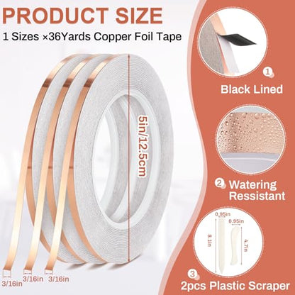 Innconee 5 Pcs Black Backed Copper Foil Stained Glass Black Lined Foil Copper 3 Sizes for Stained Glass Set Supplies Craft Hand Tools (3/16inchx108ft X3) - size: 3/16inchx108ft X3
