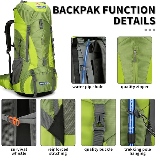 Hiking Backpack for Men and Women 70L+5L Waterproof Lightweight Camping Daypack with Rain Cover for Outdoor Travel Mountaineering - Frameless (Green) - color: Green