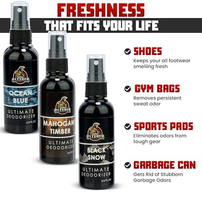 Shoe Deodorizer Spray - Shoe Refresher: Black Snow, Mahogany Timber & Ocean Blue - Shoe Odor Eliminator for Sneakers, Gym Bags & Lockers - Men’s Deodorant Spray by Combat Cleaner