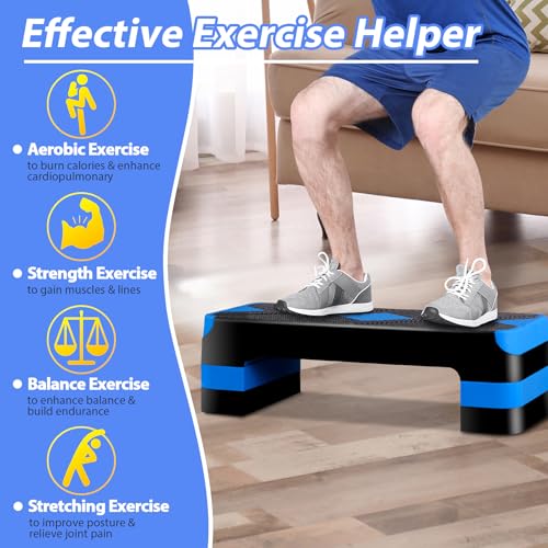 HomGarden Adjustable Workout Aerobic Stepper in Fitness & Exercise Step Platform Trainer Stepper w/Risers Adjust 4"-6''-8'' - color: Blue