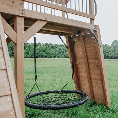 Backyard Discovery Sterling Point Cedar Wood Swing Set with Wave Slide, Raised Clubhouse, Wooden Bridge, Rock Wall, Belt Swings, Web Swing, Trapeze, Balcony, Climbing Wall, Ladder, Outdoor Playset - color: Green Slide, style: Cedar
