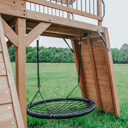 Backyard Discovery Sterling Point Cedar Wood Swing Set with Wave Slide, Raised Clubhouse, Wooden Bridge, Rock Wall, Belt Swings, Web Swing, Trapeze, Balcony, Climbing Wall, Ladder, Outdoor Playset - color: Yellow Slide, style: Cedar