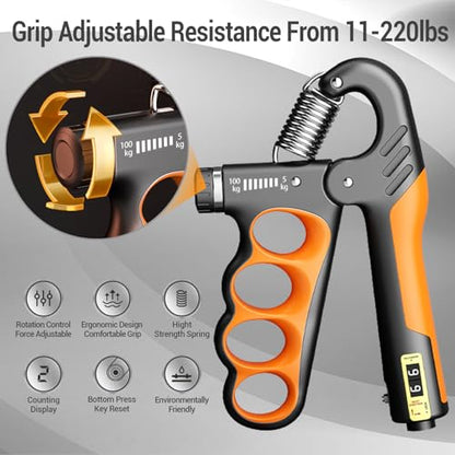 Hand Grips Strengthener, Forearm Strength Trainer- Adjustable Resistance 11-220Lbs Hand gripper with Counting,Finger Exerciser,Hand Extension Exerciser for Muscle Building and Injury Recover Combo Set - color: Gray Combo Set