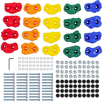 Squirrel Products Rock Climbing Holds for Kids, Deluxe Extra Large Climbing Rocks with Mounting Hardware - DIY Rock Wall Indoor & Outdoor Playground Accessories Wall Climbing Kit - Ages 3+ - style: 20 Pack with Patented Safety Plugs