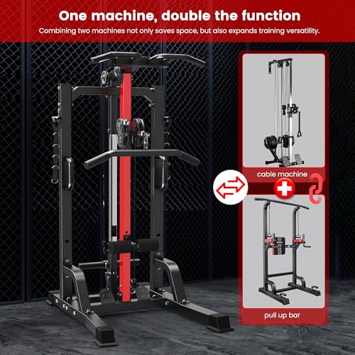 Pull Up Bar Power Tower Dip Station with Cable Machine, 450LB Home Gym | Pull up bar, dip station and 16-position cable system for pull ups, dips, lat pulldowns, rows and full-body training - color: Black01