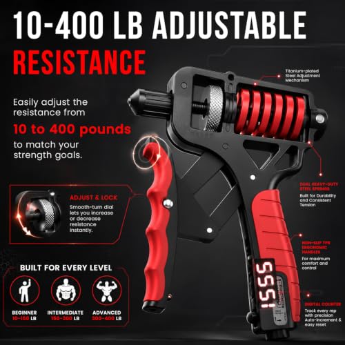 Adjustable 15–400 lb Electronic Grip Strength Trainer – Alloy Frame, Titanium-Plated Steel, TPR Non-Slip Handles