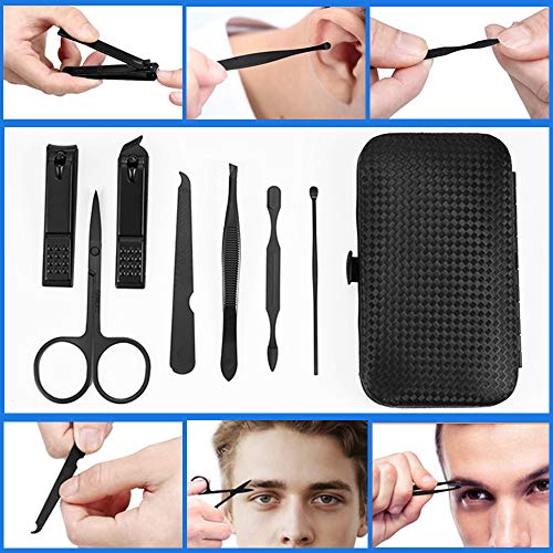 QURIPE 7pcs Manicure Set, Nail Clippers Kit, Stainless Steel Manicure Kit, Nail Clipping Tools Portable Travel Grooming Kit, The Best Gift with Luxurious Case (Black-7) - color: Black