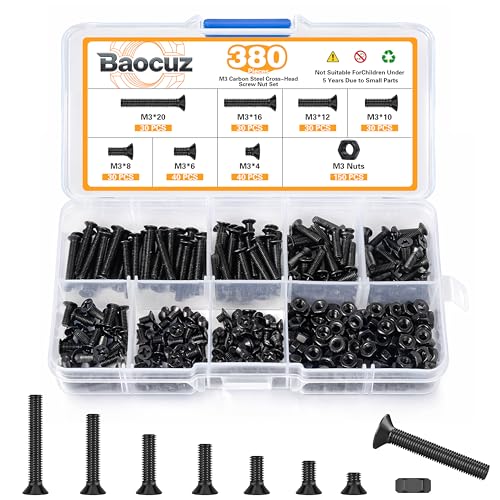 380 Pcs M3 Black Flat Head Machine Screws and Hex Nuts Kit Carbon Steel Countersunk Head Phillips Screws Bolts Assortment,M3 x 4mm/ 6mm/ 8mm/ 10mm/ 12mm/ 16mm/ 20mm - color: Black, size: M3
