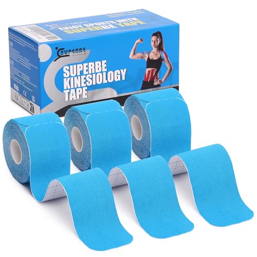 SUPERBE Precut Kinesiology Tape (3 Rolls Pack), Elastic Sports Tape for Pain Relief, Muscle Support, Recovery and Physio Therapy, Breathable, Waterproof (Blue) - color: Blue