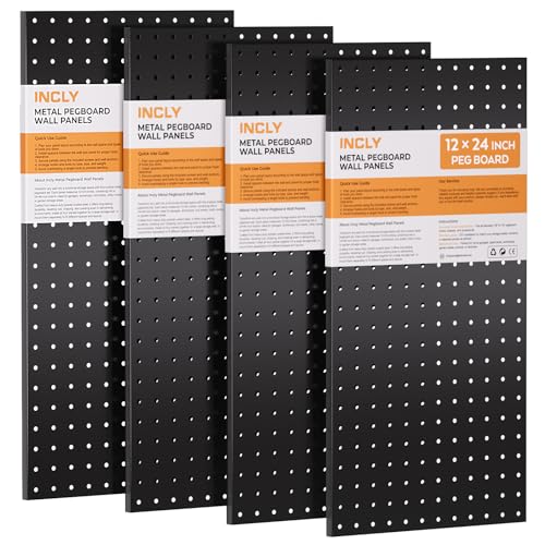 INCLY 4 Pack 12"x24" Upgrade Thicker Heavy Duty Metal Peg Board | Pegboard Wall Organizer, For Walls Home, Garage Tools Storage, Shed, Craft Room, Kitchen - color: Black Pegboard without hooks, size: 4pcs-12"x24"