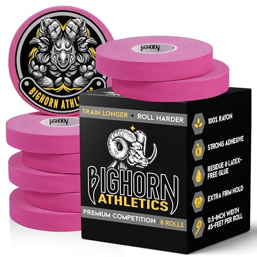 Bighorn Athletics BJJ Competition Finger Tape, 0.5" x 45ft, 8 Rolls, Pink | Rayon finger tape – 50% stronger than cotton. Residue-free, sweat-proof adhesive for Jiu Jitsu competition & hard training. - color: Pink, size: 0.5-Inch