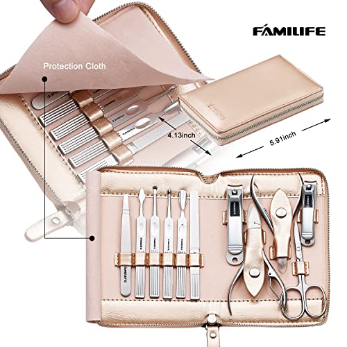 FAMILIFE Gifts for Women, Manicure Set Professional Manicure Kit 11 in 1 Nail Kit Nail Clippers Tools Stainless Steel with Rose Gold Leather Case Travel Sets - color: Gold