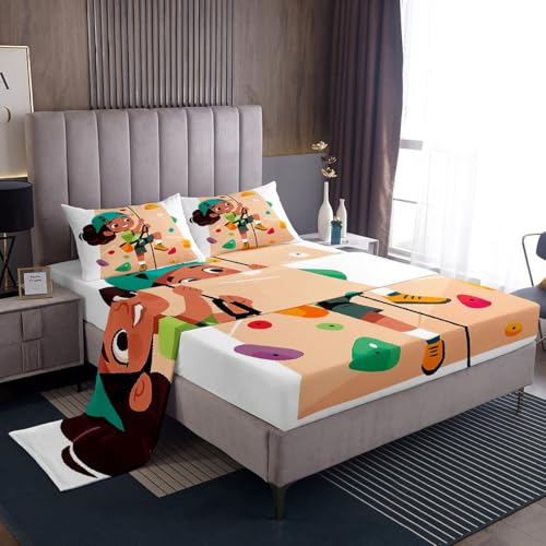 Erosebridal Cartoon Kid Climbing King Size Sheet Set for Boys Girls, Colorful Climbing Wall Printed Bed Sheets Set for Kids, Rock Climber Sheets, Bouldering Sports Theme Flat Fitted Sheet - color: Beige White, size: King
