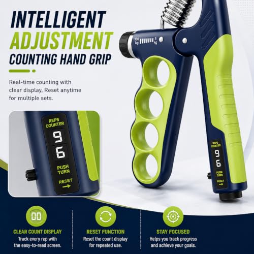 Hand Grip Strengthener Set with Adjustable Resistance 5-100 kg | 3-Piece Training Kit, Forearm Strengthener, Finger Exerciser, Automatic Rep Counter, Injury Recovery