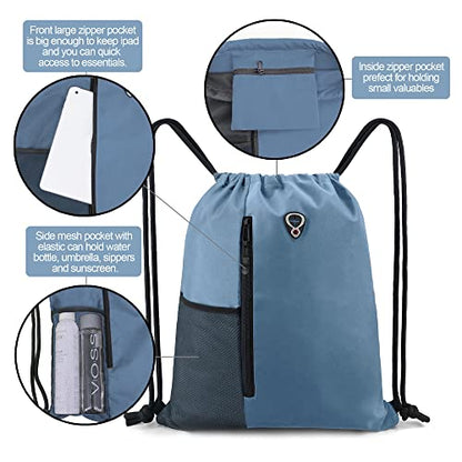 BeeGreen Blue Drawstrings Backpack Gym Sack For Men With Water Bottle Pocket &Front Zippered Pocket Large Sting Bags For WomenTraveling Yoga Beach Outdoor Gym - color: Blue Haze, style: Drawstring With Mesh Pocket