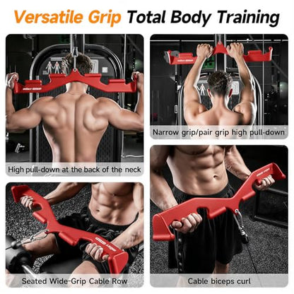 LAT Pull Down Bar with 6 Ergonomic Handles, Neutral Grip LAT Pulldown Attachments for Whole Back Training, Wide Grip LAT Pulldown Bars for Home Gym Cable - color: Red-3