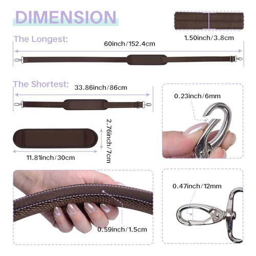 60 Inch Shoulder Strap for Bag with Removable Ultra-Thick Pad | 60" Shoulder Strap with Removable Thick Pad,Adjustable Buckles and Metal Hooks, for Briefcase/Laptop/Messenger/Luggage Bag - color: Brown