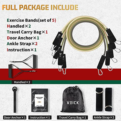 VEICK 10-150LBS Resistance Bands with Handles, Ankle Straps, Door Anchor | Accredited Lab Certified, 100% Natural Latex, Versatile for Yoga, Pilates, Strength, Home Gym - color: Army Green, style: 20-200LBS