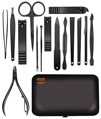 Utopia Care Manicure Set Professional Nail Clippers Kit | 16 Pcs Manicure & Pedicure Nail Kit for Men Women with Fingernail & Toenail Clippers and Premium Travel Case - color: Black, size: Pack of 16