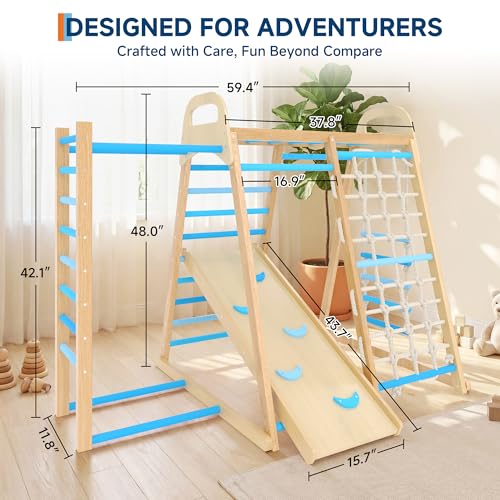 7-in-1 Wooden Jungle Gym, Indoor Kids Climbing Playset for Toddlers - color: Blue