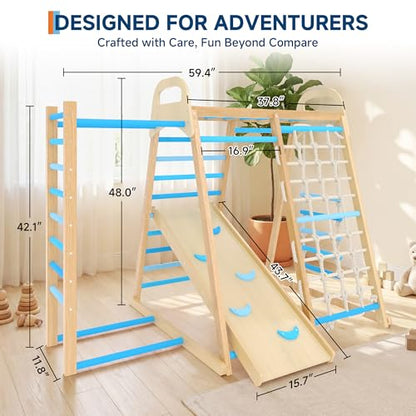 7-in-1 Wooden Jungle Gym, Indoor Kids Climbing Playset for Toddlers - color: Blue