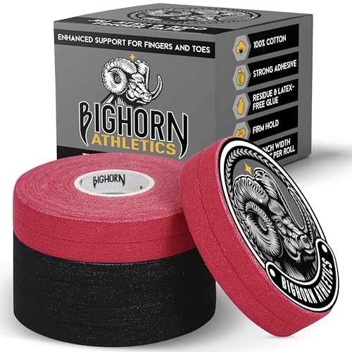 Bighorn Athletics Finger Tape, 0.3-Inch x 45-Feet, 8 Rolls, Black/Red | Athletic Sports Tape for Jiu Jitsu, Climbing, Volleyball, Golf. Hands & Toes Support. Residue-Free, Zinc Oxide Adhesive. - color: Black & Red, size: 0.3-Inch