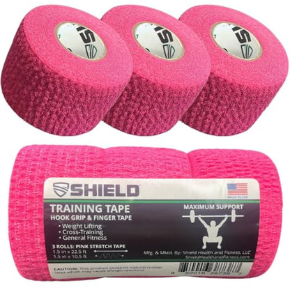SHIELD | Weightlifting Tape - Made in USA, Hook Grip, Cross-Training, WOD Grip Tape 3-Pack– Durable, Non-Slip, Comfortable Stretchy Athletic Tape – Thumb, Wrist, Finger Protection (Pink) - color: Pink