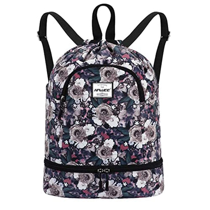 Dry Wet Drawstring Backpack with Shoe Compartment for Women Adjustable Gym Bag - color: Gray Rose